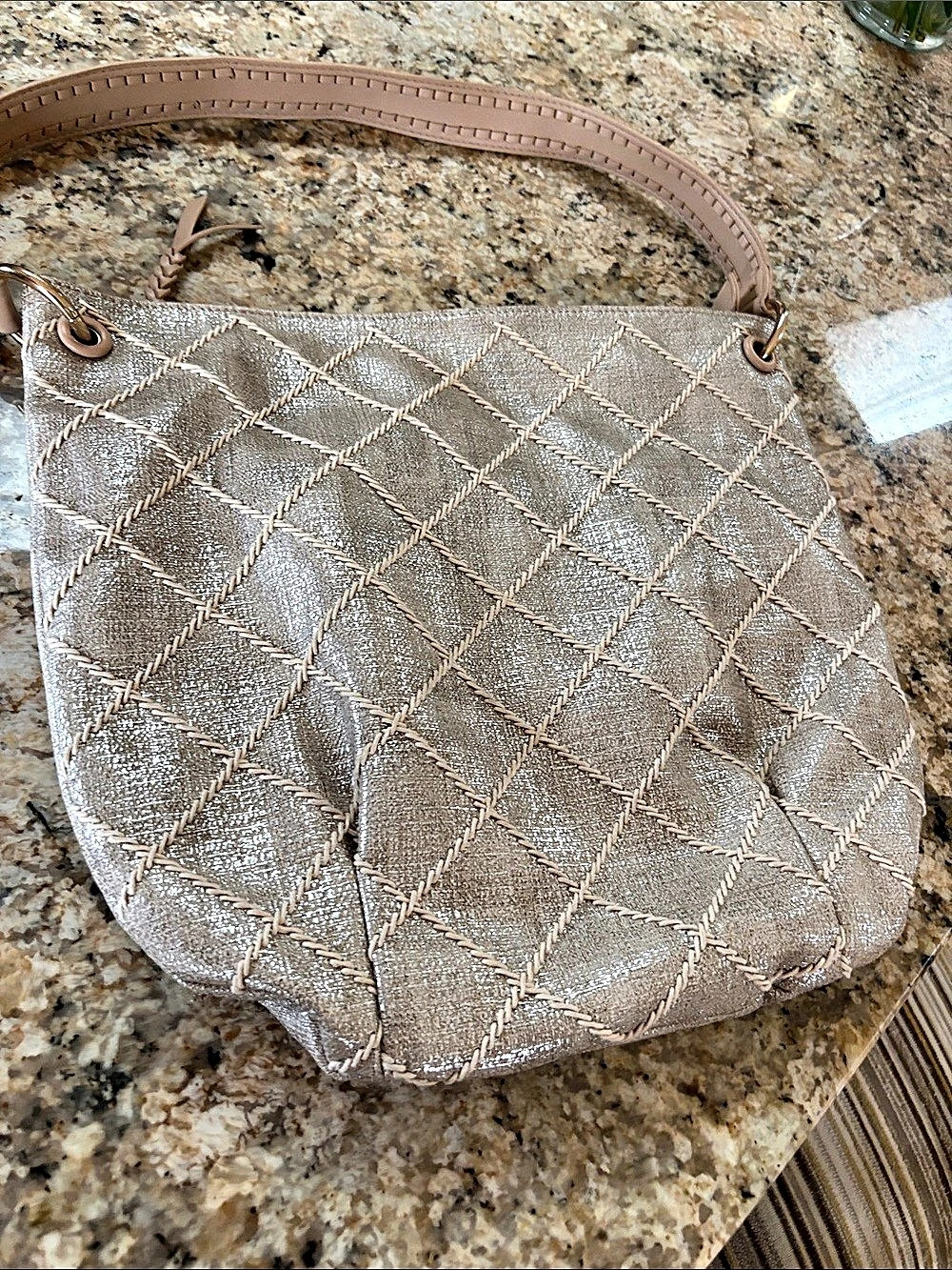 SONDRA ROBERTS squared Quilted Shoulder Bag in Beige & Gold Like New